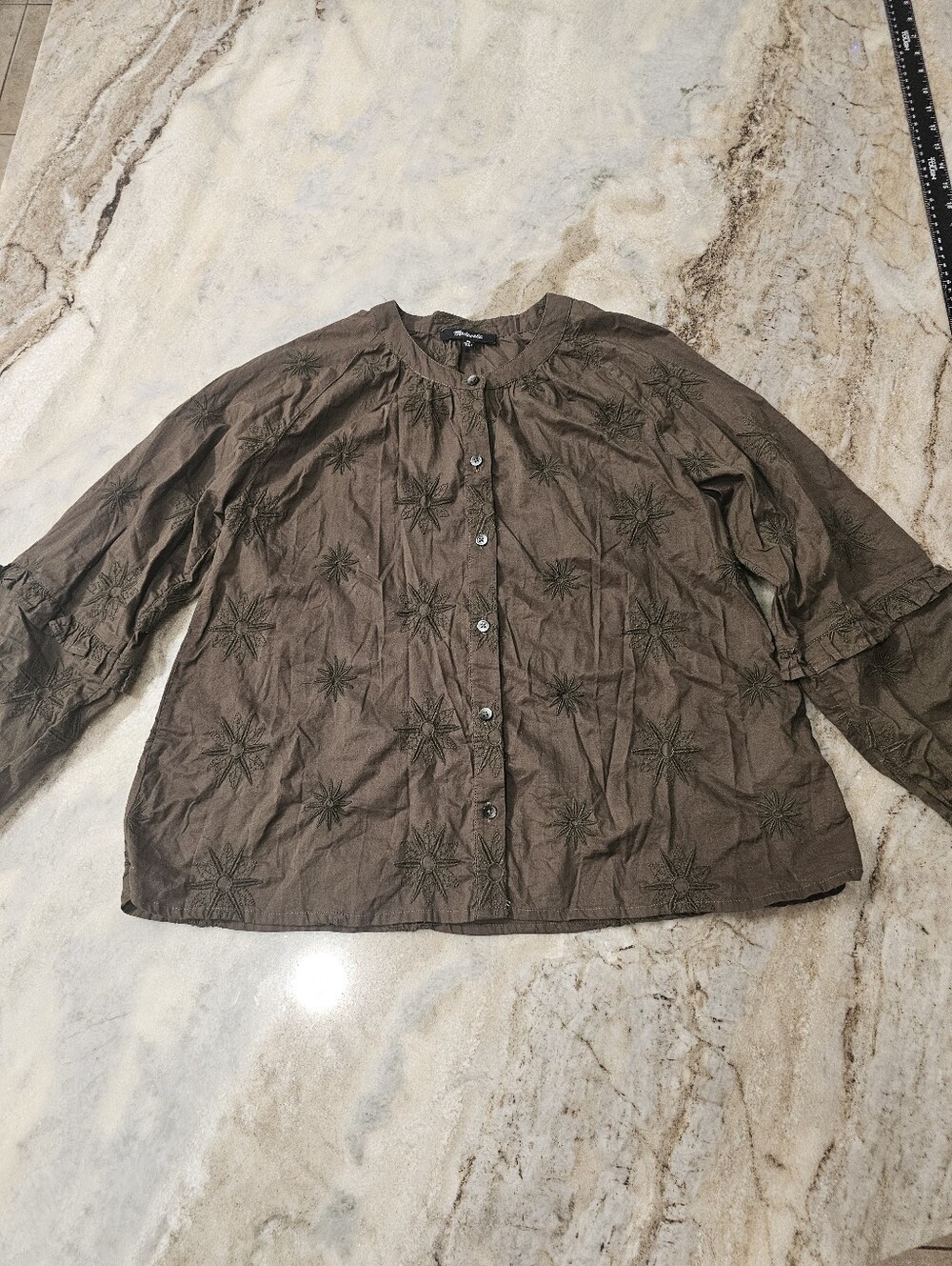 Madewell Embroidered Peasant Blouse Women's XS Olive Green Boho Button Front